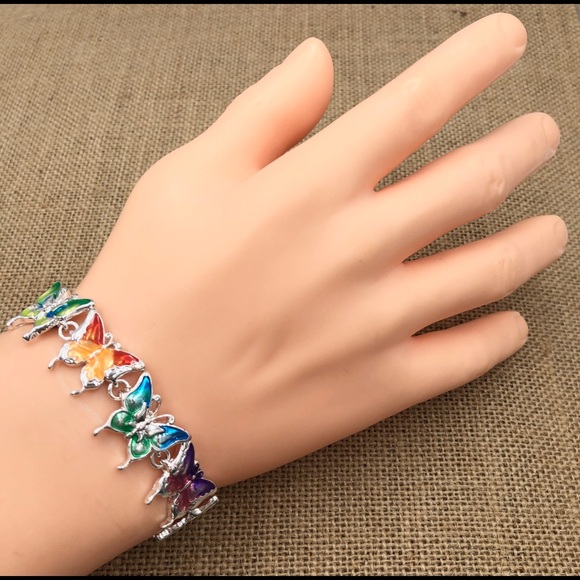 Multi Color Enamel Silver Butterfly Bracelet - Picture 2 of 4